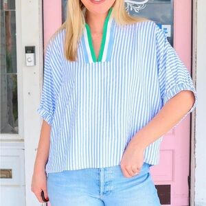 Entro Blue and White Striped Blouse with Green Accent
